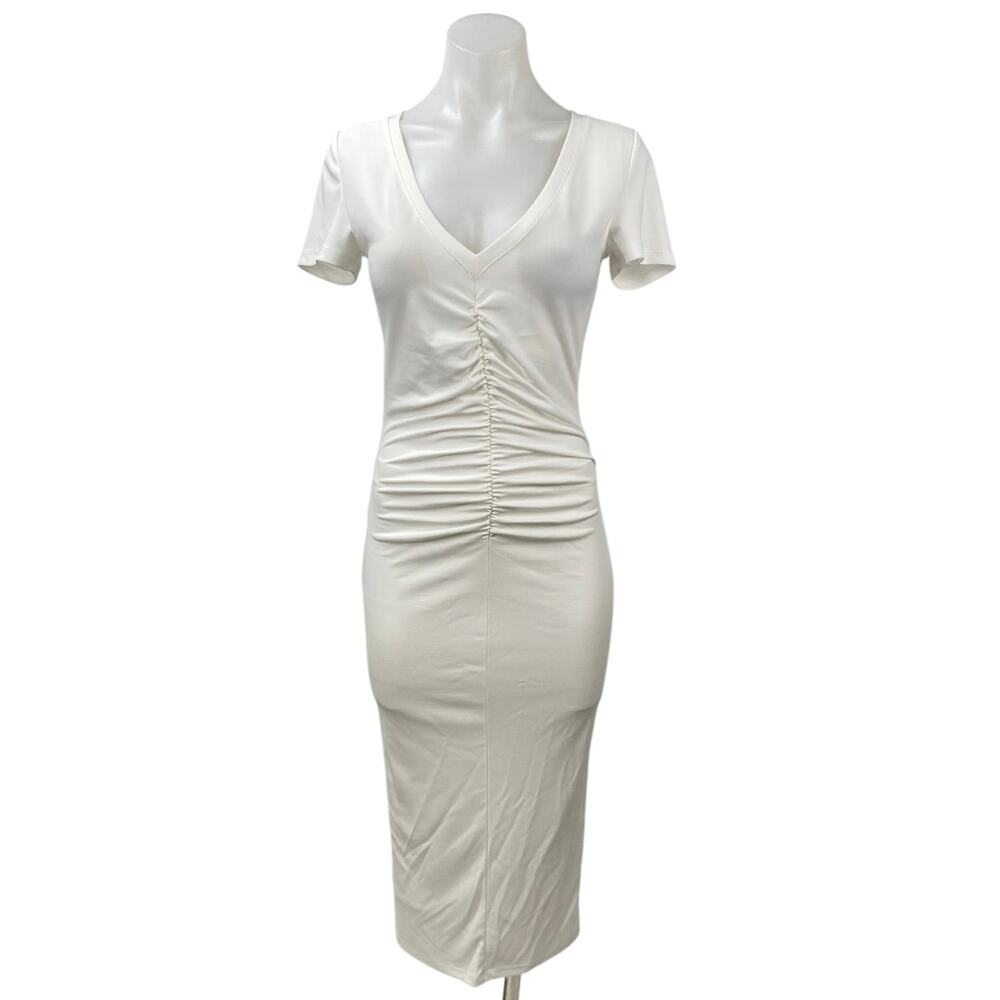 NEW Donna Karan Women's White Ruched V-neck Short Sleeve Midi Bodycon Dress Sz S